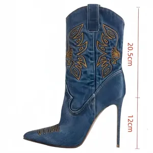 Botas de tacón de aguja puntiagudas estilo <span class=keywords><strong>vaquero</strong></span> europeo occidental 2026, botas de caballero bordadas a la moda, botas sexys de diamantes de imitación para mujer - Product Image 6