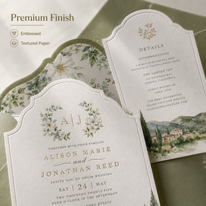 Set di Inviti Matrimoniali Personalizzati Stile Campagna Italiana, Design Elegante con Colline ad Acquerello e Motivi Floreali, con Monogramma in Lamina d'Oro - Product Image 4