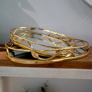 Bandejas para servir con espejo de <span class=keywords><strong>metal</strong></span> ovalado antiguo rústico de moda y lujoso dorado - Product Image 4
