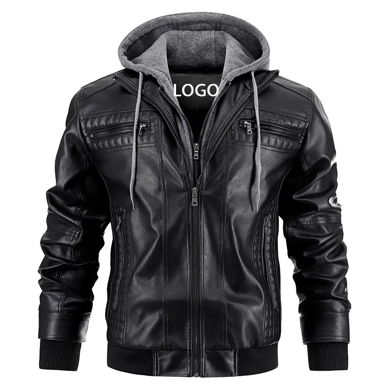 FREE LOGO Customized CARANFIER Men's Biker Faux Jacket Thick Fleece Warm Plus sizes Detachable Hoodie Male Leather Jacket