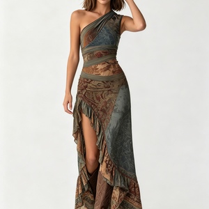 <span class=keywords><strong>Vestido</strong></span> Maxi Bohemio con Estampado Abstracto para Mujer, con Hombro Descubierto, <span class=keywords><strong>Dobladillo</strong></span> Asimétrico y Volantes, Estilo RTS y Logotipo Personalizado - Product Image 1