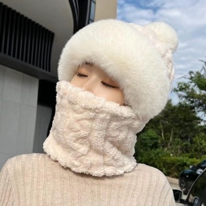 Chapeau d'hiver pour femme avec pompon, cache-cou, masque facial intégral, épaissi, chaud, anti-froid, couvre-tête - Product Image 4