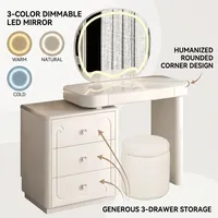 Ensemble de salon moderne et minimaliste 2026 : Miroir de coiffeuse à lumière douce, 3 tiroirs de rangement latéraux et tabouret rond confortable