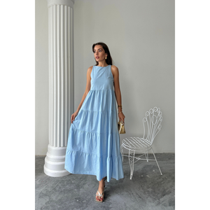 Vestido Largo de Lino Azul sin Mangas - Elegante, Casual, Diseño Personalizado ODM, Sexy, para Sesión de Fotos de Verano, Talla XS - Product Image 1