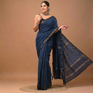 Sari en soie Maheshwari pure imprimé à la main avec pièce de blouse – Élégant soie Maheshwari pure – Vêtement ethnique imprimé à la main - Product Image 1