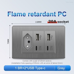 Prise murale USB en PC gris brossé, norme brésilienne, panneau de prise électrique, type 118, prise murale 6 broches - Product Image 5