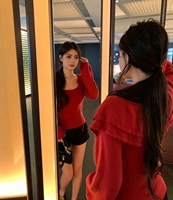 Haut en maille côtelée chic pour femme, coupe ajustée, col carré, manches longues, couleur unie, style automne, avec bretelles à nouer et épaules dénudées, sexy