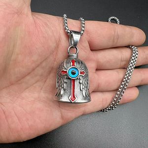Collier cloche de vélo en acier inoxydable avec œil bleu et ailes de croix rouge, design rétro pour cyclistes - Product Image 4
