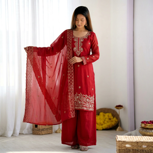 <b>Red</b> <b>Silk</b> Embroidered Palazzo Set Women Indian Pakistani Outfit Kurta Dupatta Wedding Party Wear - Product Image 1