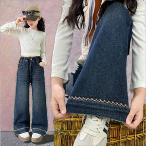 Pantalones vaqueros de invierno para niñas, de pierna recta, forrados de vellón, gruesos, transpirables, holgados, estampados, de tela de estambre para niñas grandes - Product Image 2