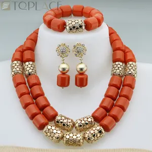 Coral Beads Wedding African Jewelry Latest Necklace With Rhinestone And Earring Jewelry Set for Nigerian