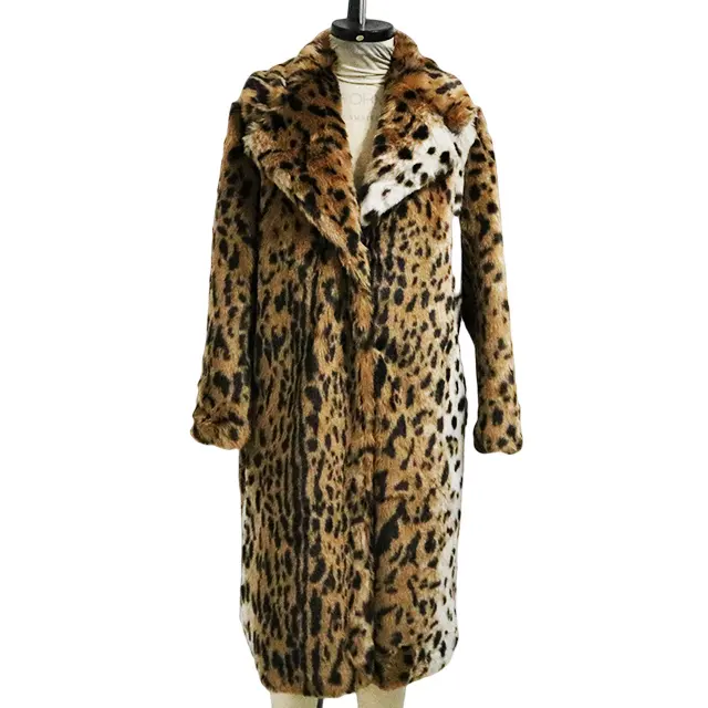 Casaco de pele com gola de leopardo, novo casaco de pele falsa estampado
