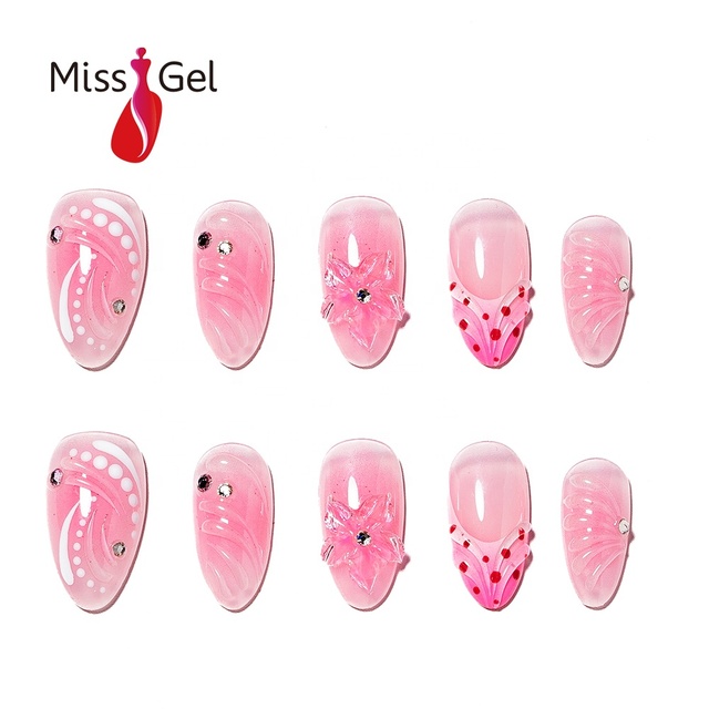 Wholesale Pink Jelly Almond Shape 3D Embossed Handmade Relief Floral Bulk Press on Acrylic Nails 2026 Design 32pcs With Glue