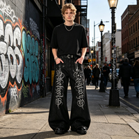Jean baggy noir vintage délavé personnalisé avec imprimé strass gothique, œillets et chaînes, coupe large, pour homme, style streetwear