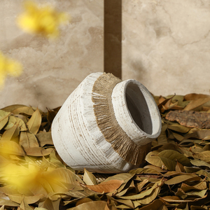 테라코타 도자기 화병, 넓은 입구 와비사비 핸드메이드 친환경 웨딩 홈 데코 탁상용 꽃병, 짚 로프 손잡이 - Product Image 3