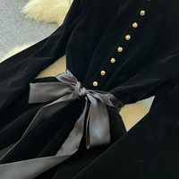 Robe élégante noire en velours pour femme, coupe trapèze, col montant, manches longues lanternes, ceinture à nouer, pour fêtes décontractées, longueur midi