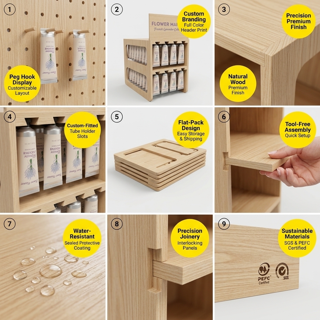 Custom Wood Skincare Display Stand Gravity Fed Auto Feed Cosmetic Rack 2 Tier Countertop Hand Cream Organizer Manufacturer OEM — view 5