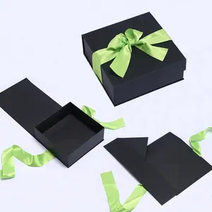 Custom Luxury Folding Black Paper Large Foldable Shoes Clothes Packaging Magnetic Gift Box With Ribbon Closure