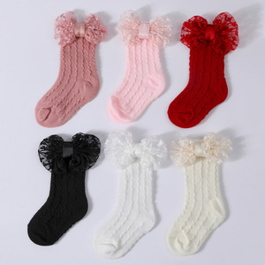Chaussettes en tricot jacquard ajouré pour bébé, couleur unie, avec grand nœud long + bandeau, collection Printemps-Été, 0-3 ans - Product Image 1