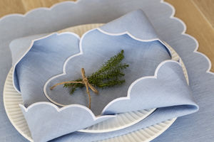 ผ้าเช็ดปากผ้าฝ้ายสีฟ้าผ้าลินินทอมือแบบออกแบบได้ตามต้องการแผ่นรองสำหรับใช้ในงานแต่งงานงานปักขอบหอยพัด - Product Image 5