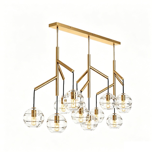 Y&L Modern Brass Linear Chandelier, Light Glass Globe Pendant for Dining Room
