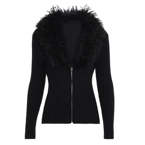 V Neck Zip Up Knit Jacket <b>Women</b> Patchwork Collar Casual Street Style Y2K Fashion Versatile Knit Top - Product Image 6