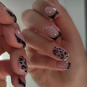Uñas Postizas con Estampado de Leopardo Negro, 24 Piezas, Punta Francesa, Cuadradas, Brillantes, Uñas Postizas de Alta Gama, Sensuales, para Mujer - Product Image 1