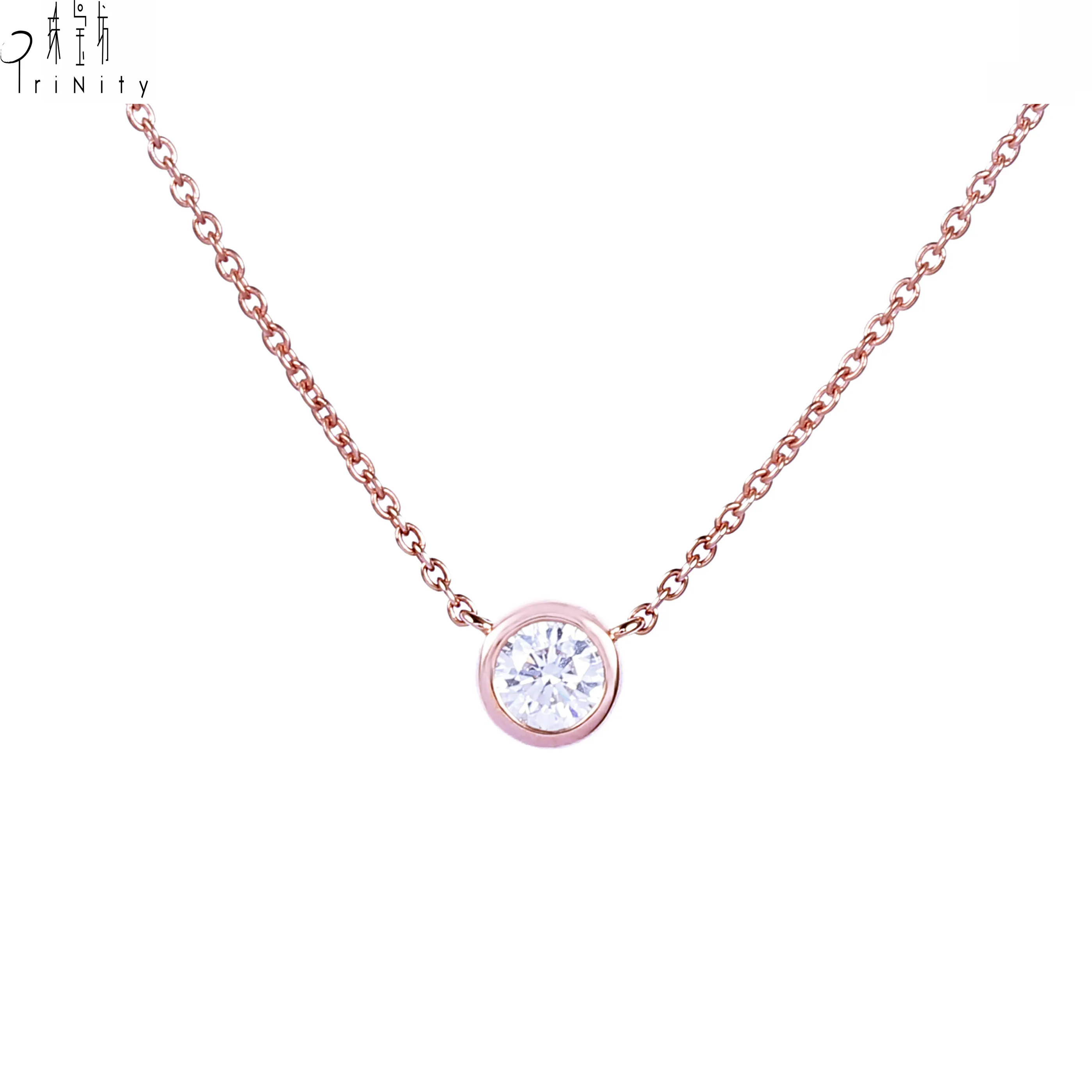 Rose Pendant Necklace New Design Simple 18K Solid Rose Gold Real Diamond Solitaire Pendant Necklace For Girl