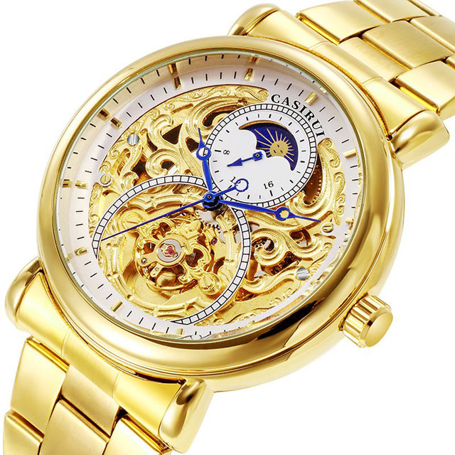 Forsining Luxury Men's Auto Watches Skeleton Gold Wrist Glass Automatmentourbillon Moon Phase Pointer Dial-Mens Relojes Hombre