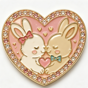 Heart-Shaped Gold-Plated Metal <b>Pin</b> With Enamel Bunny Couple And Rhinestones For Valentine'S Day Love Theme - Product Image 1