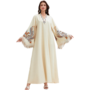 Robes Abaya Élégantes et Modestes 2026 pour Femmes Musulmanes – Col en V, Polyester, Longueur Cheville, Manches Longues, Imprimé, Pompons – Robe de Mariage Personnalisée à Prix Abordable - Product Image 1