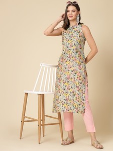 Kurti Tradicional Indio con Estampado Floral, de Poliéster, sin Mangas, para Mujer, Cuello Redondo, Corte Recto, Casual, Elegante, para Oficina - Product Image 5