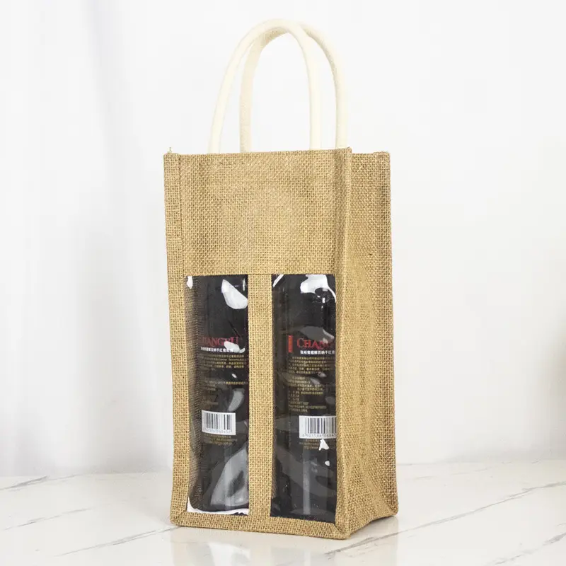 Açık pencere ile özel jüt alışveriş çantası çift şarap ambalaj çuval jüt keten şarap çantası