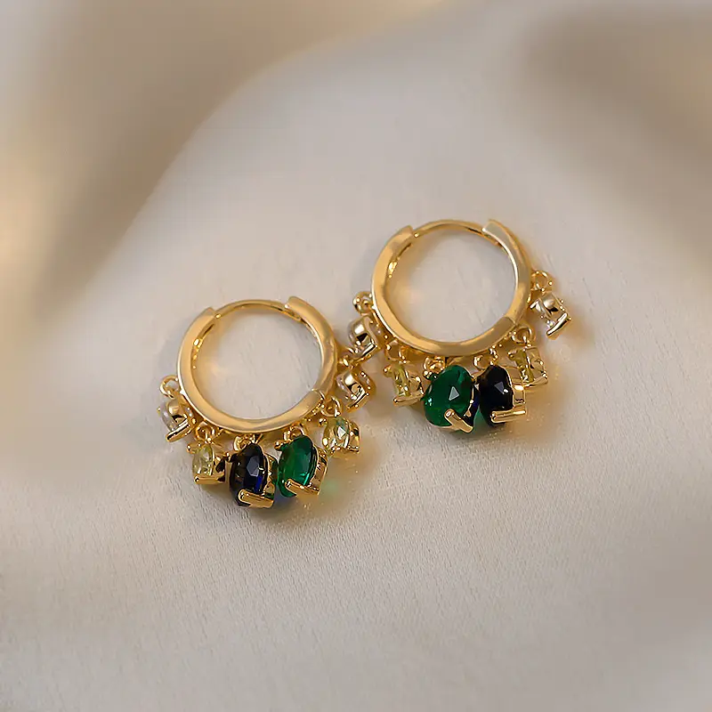 SSeeSY joyas cobre elegante chapado en oro colorido circón pendientes colgantes piedras preciosas pendientes de aro mujer joyería de moda