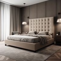 Lit superposé capitonné King Size Queen, gris, design italien, tissu, chambre à coucher avec tête de lit en tissu, velours, carton, chêne personnalisé