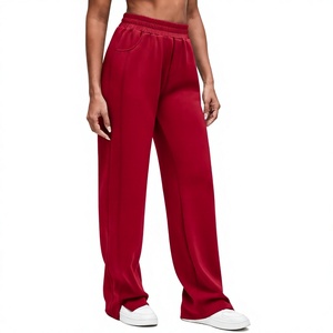 Pantalon de survêtement large en polaire rouge, taille haute, fermeture élastique, coupe ample, décontracté, longueur intégrale, couleur unie, pour l'automne - Product Image 1