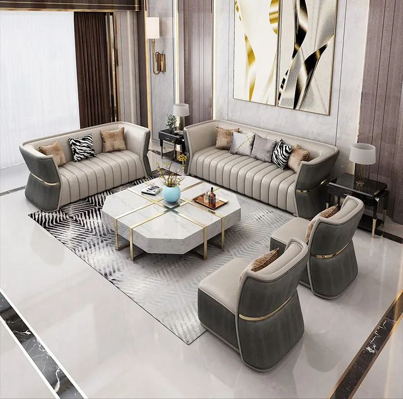 Mais novo combinação couro real sala sofás mobiliário moderno luxo casa europeu secional sofá conjunto desenhos