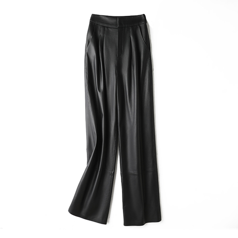 2150 Fashionable Black Straight Style Wide Leg Loose Casual Real Leather Pants Custom Women Leather Pants