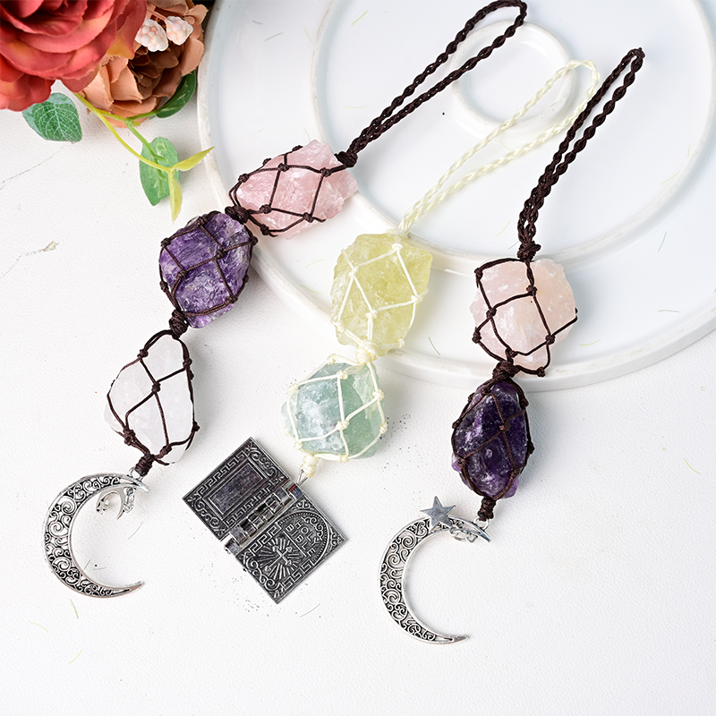 Crystal rough stone woven pendant