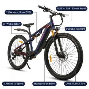 จักรยานไฟฟ้า Vakole EMT29 12s 250W 29 นิ้ว ระบบกันสะเทือนเต็มรูปแบบ 691Wh Shimano 12 จาน พร้อมเซ็นเซอร์แรงบิด IP65 มอเตอร์ดุมล้อหลัง แบตเตอรี่ลิเธียม - Product Image 4