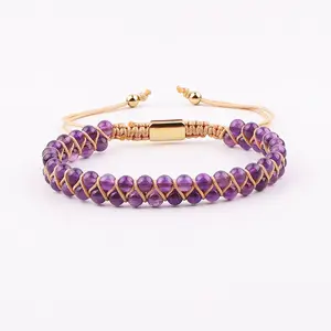 Natural Stone A Grade Amethyst Double Layer Beaded Braided Macrame Bracelet Beads With Custom Logo For Women JBS12569