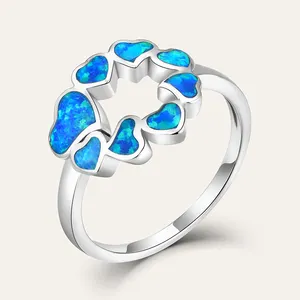 925 Sterling Silver Custom Heart Size Blue Opal Shaped Stone Design Handmade Blue Fire Opal Ring For Women