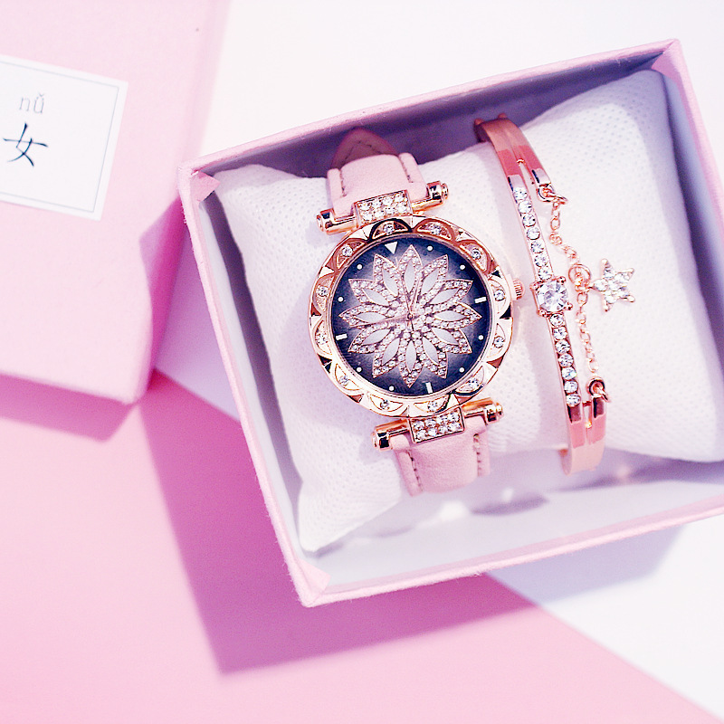 Luxury Diamond Watch Women, Crystal Watches Bracelet Set Female Jewelry Fashion Rose Gold Starry Quartz Watch for Lady Gift/