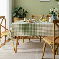 Nappe en coton et lin à motif géométrique, style moderne, mini-échiquier, à pompons, technique tissée, anti-taches, pour hôtels et maisons, vente en gros