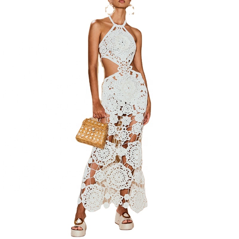 Women Cotton Cut Out Dress Halter Neck Slim Fitting Adjustable Halter Neck  Coverage at Bust and Hip Symmetrical Crochet Dress| Alibaba.com