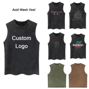 Streetwear Oversized Unisex Gym Tank Top Custom Cut Off Sleeveless T-shirt Printing Muscle Shirt Acid Wash Graphic Men Vest
