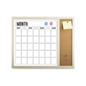 Vente en gros de calendrier mensuel en bois au design personnalisé Tableau magnétique effaçable à sec Tableau blanc combiné en liège Autocollant pour le mur des bulletins