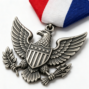 Medalla Patriótica de Aleación de Zinc Plateada con Escudo de Águila y Cinta Roja, Blanca y Azul, Recuerdo - Product Image 2