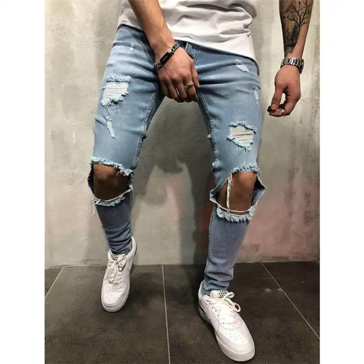 Men's Ripped Jeans Stretch Washed Blue Boys Jean Trouser Skinny
