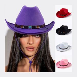Wholesale Custom Logo Wood Beads Mexican Felt Cowboy <b>Hats</b> Europe American Fashion Women <b>Purple</b> Western Cowboy <b>Hats</b> - Product Image 1